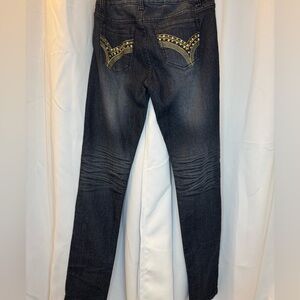 V.I.P. Black Skinny Jeans with Gold Threading and Bedazzled Pockets Y2K‎ Style